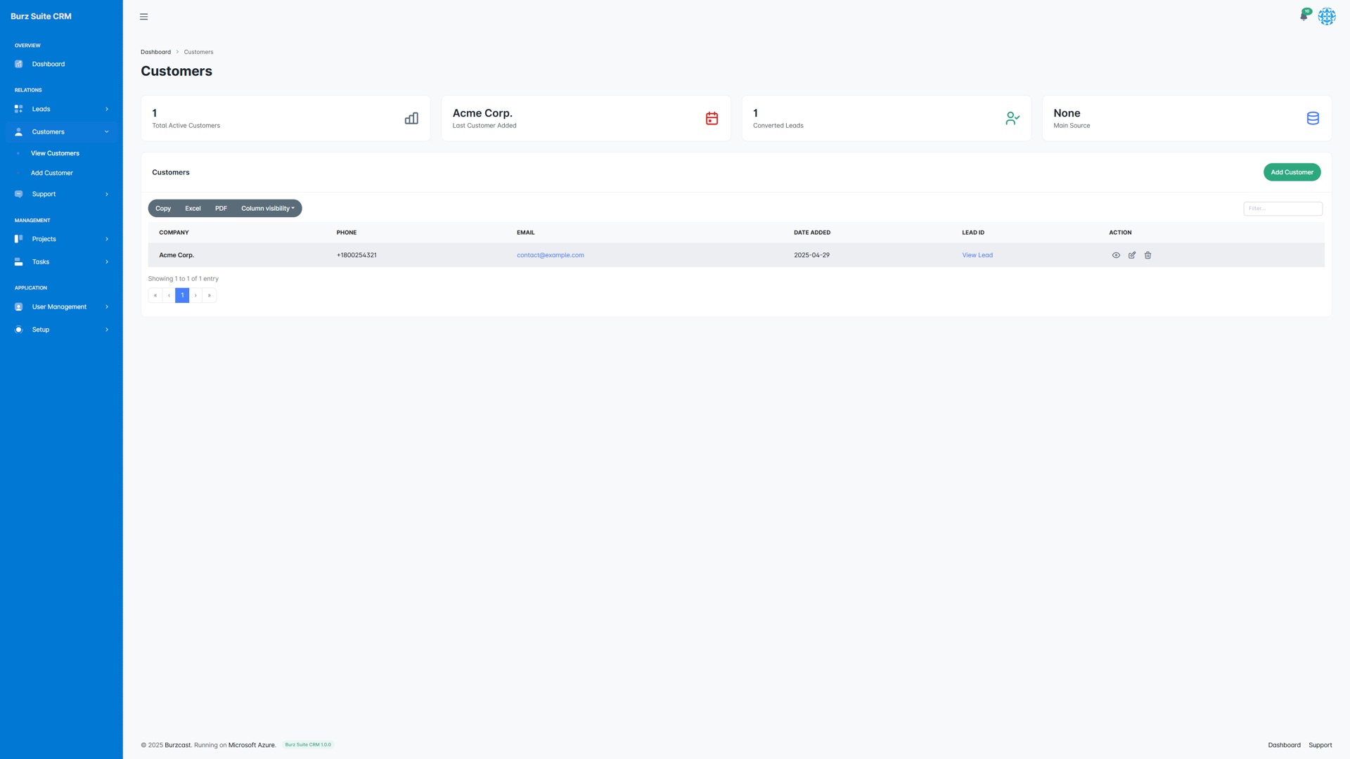 Burz Suite CRM customer records in Microsoft Azure