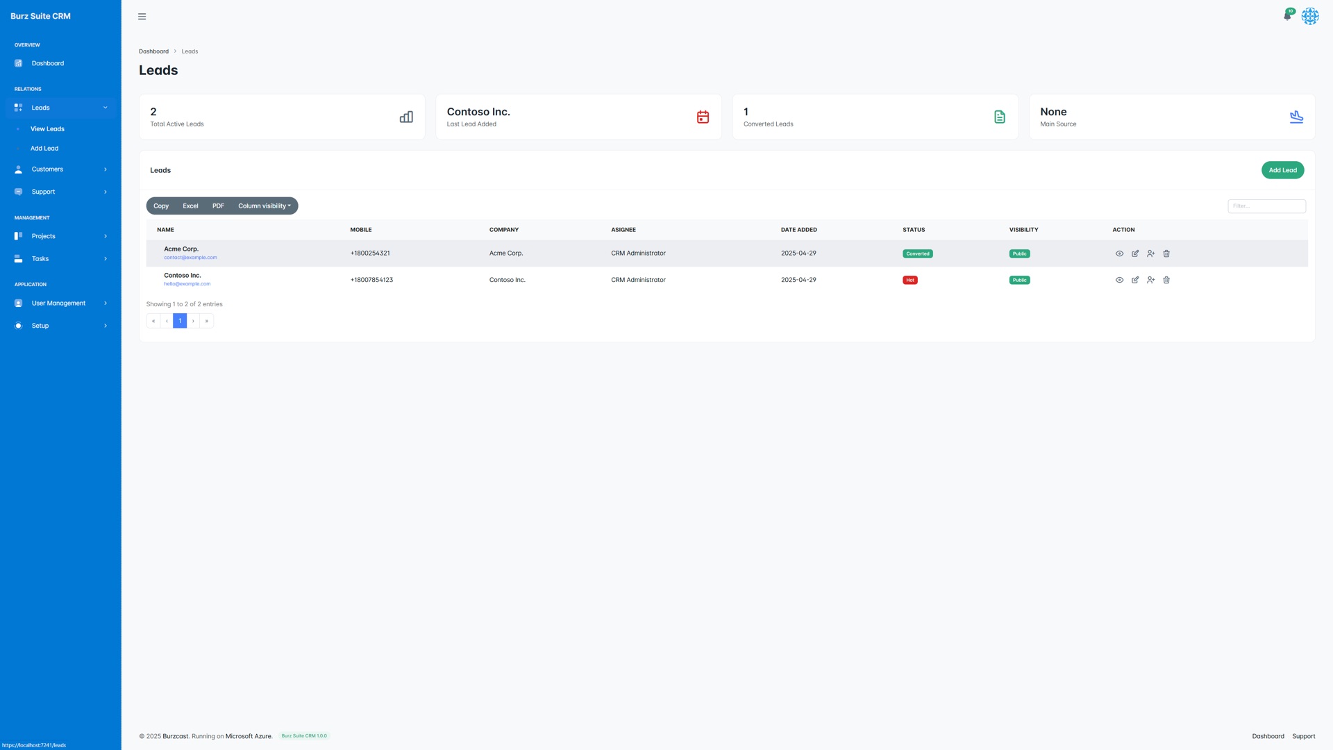 Burz Suite CRM leads list