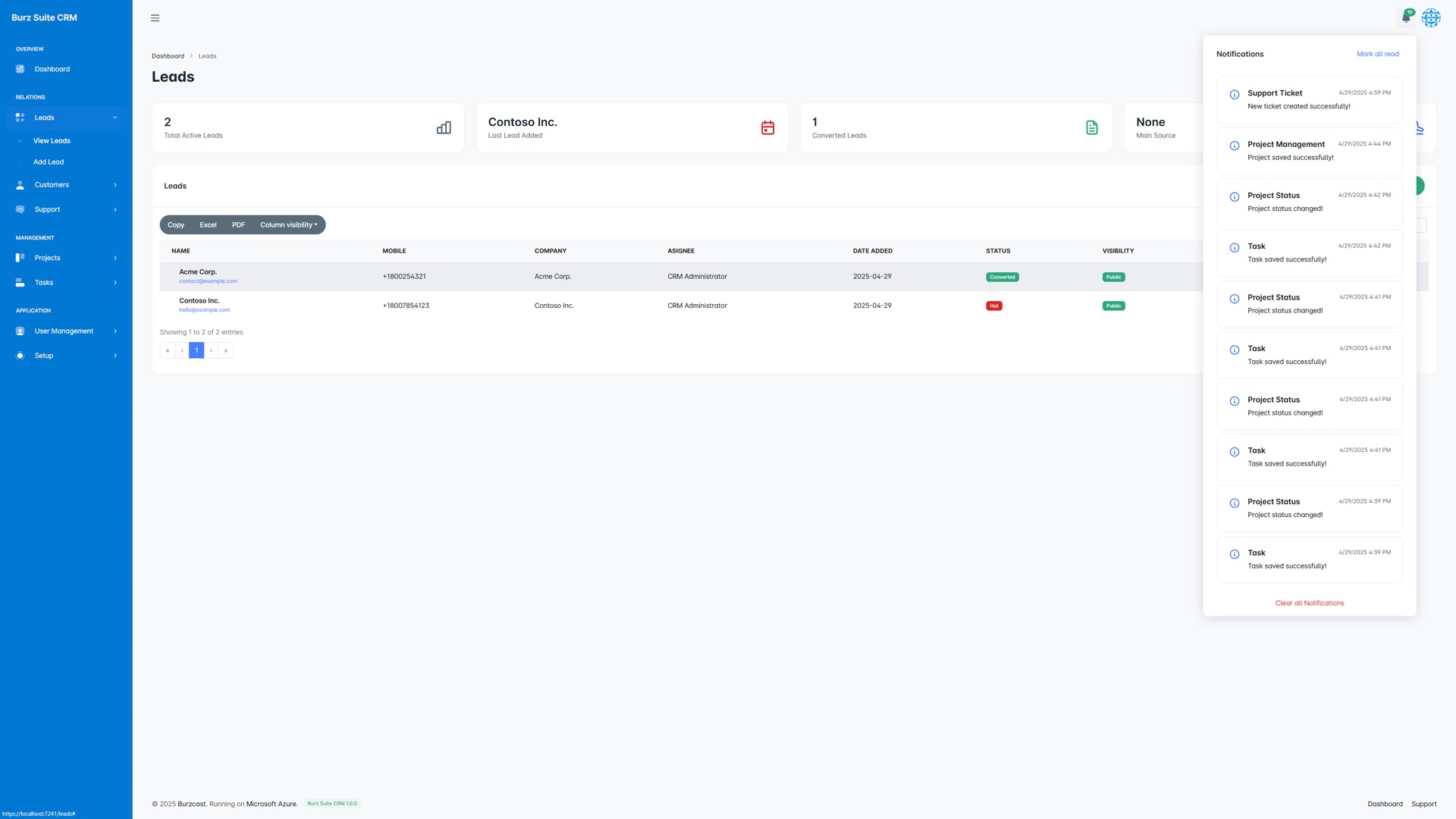 Burz Suite CRM notification panel
